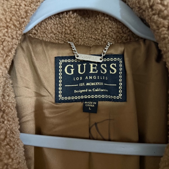Guess Teddy Coat Brown Long Faux Sherling Double Breasted Size Large - Picture 3 of 8
